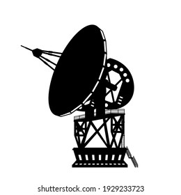 Black Silhouette Of Dish Space Antenna. Astronomy Equipment. Radio Telescope For Science Research. Isolated Industrial Image. Vector Illustration