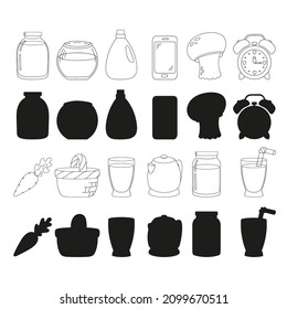Disfraces de silueta negra. Elemento de diseño. Ilustración vectorial aislada en fondo blanco. Plantilla para libros, pegatinas, carteles, tarjetas, ropa.