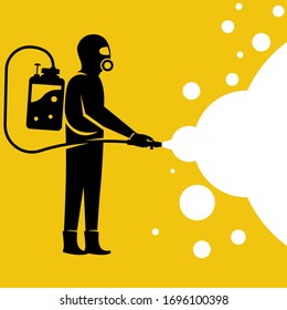 Black silhouette disinfection. Icon man in hazmat. Protective suit, gas mask for disinfection coronavirus. Toxic and chemicals protection. Spraying antibacterial. Biological precaution. Vector flat.