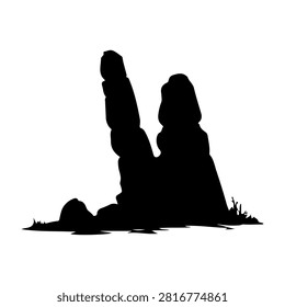 Black silhouette of distinctive rock formation in a desert setting with minimal foreground and no background distractions.