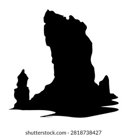 Black silhouette of a distinctive rock formation against a white background, highlighting natural geological features and rugged landscape.