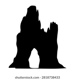 Black silhouette of a distinctive rock formation featuring a natural arch, set against a plain white background, emphasizing geological features.