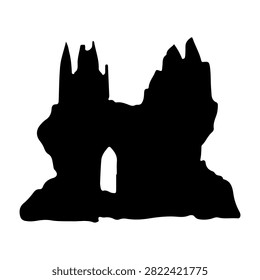 Black silhouette of a distinctive rock formation featuring an arch and jagged peaks, isolated on a white background, emphasizing natural geological features.