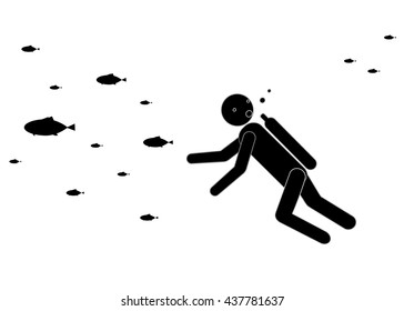 The black silhouette of a diver in the water among fishes. Vector.