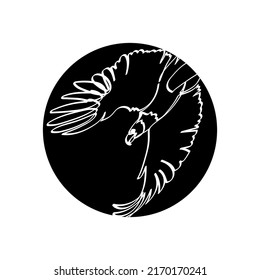 Silueta negra del águila calva de buceo en círculo negro. Dibujo gráfico. Ilustración vectorial.
