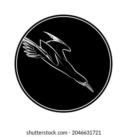 Black silhouette of diving gannet in black circle. Graphic drawing. Vector illustration.