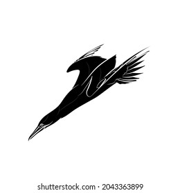 Black silhouette of diving gannet on white background. Graphic drawing. Vector illustration.