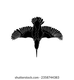 Black silhouette of diving kingfisher on white background. Graphic drawing. Vector illustration.