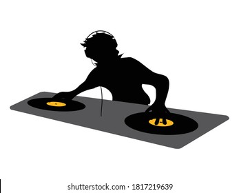 Black Silhouette Of DJ With Headphone Working On A Double Deck With Vinyl Discs Over White Background