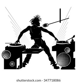 Black silhouette of a DJ at a party on white background