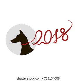 Black silhouette of doberman pinscher with red lead (ribbon) in shape of 2018, dog as symbol of year. Vector illustration, logo, icon