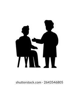 Black silhouette of a doctor standing and talking to a patient sitting on a chair. Simple medical consultation vector for healthcare, hospital, or diagnosis concept