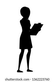 Black silhouette. Doctor woman in medical gown. White medical gown with blue pants. Female doctor hold blue check list. Cartoon character design. Flat vector illustration isolated on white background.