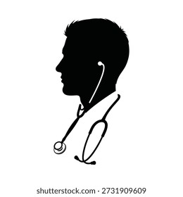 A black silhouette of a doctor's head in profile with a stethoscope around his neck, depicted in a simple and iconic style on a pure white background.