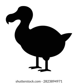 Black silhouette of a dodo bird standing upright on white background. Extinct species symbol, evolutionary biology concept, paleontology research, museum display, scientific education