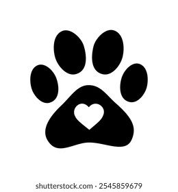 Black silhouette of a dog or cat paw print with heart shape inside. Simple, modern design perfect for pet-related businesses, veterinary clinics, and animal care.