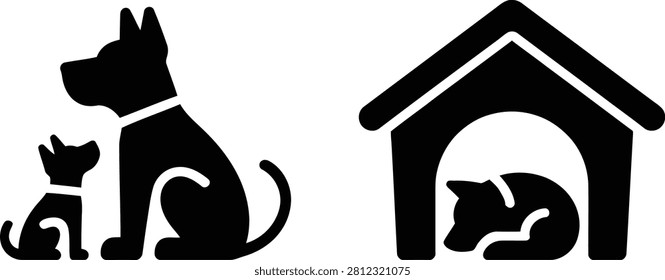 Black silhouette dog and cat sitting next to each other and in a doghouse