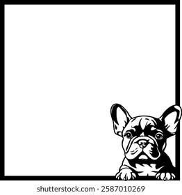 black silhouette of a dog or French bulldog in a black square frame without background