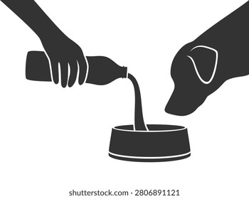 Black silhouette of a dog and a human hand pouring water from a bottle into a dog bowl on a white background, vector illustration