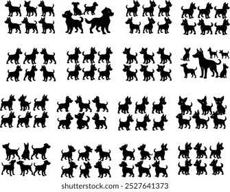 black silhouette of dog. Puppy silhouette set. Silhouettes of domestic animals. Dog breed silhouettes. Vector illustration. 