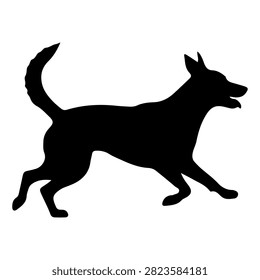 Black silhouette of a dog running, capturing energy and movement, isolated on a white background, emphasizing agility and liveliness.