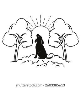 Black silhouette of a dog sitting and looking upwards. Clean, minimal vector illustration isolated on white background. Perfect for pet logos, obedience training themes and animal graphics. 