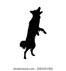 Black silhouette of a dog standing on its hind legs, barking. Dog silhouette, Dog icon, Dog vector.
