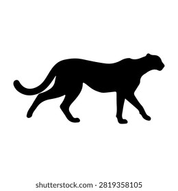 A black silhouette of a dog walking, showcasing its profile and graceful posture against a plain white background.