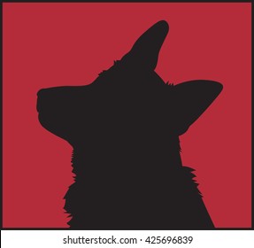 Black silhouette of the dog's head on a red background. Vector illustration