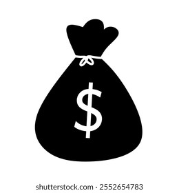 Black silhouette of a dollar bag, ideal for finance and money themed designs and illustrations.