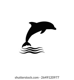 Silhueta preta de um golfinho saltando das ondas do oceano em um fundo branco gráfico vetor simples