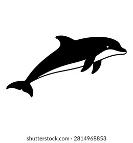 A black silhouette of a dolphin leaping out of the water, showcasing agility and grace in marine environments, isolated on a white background.