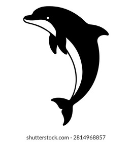 A black silhouette of a dolphin leaping out of the water, showcasing dynamic movement and aquatic agility in a minimalist style.
