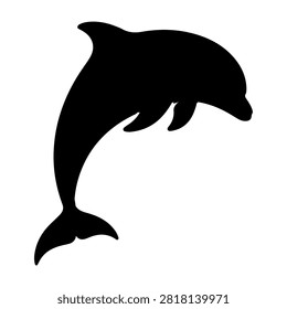 A black silhouette of a dolphin leaping out of the water, capturing the dynamic motion and playful nature of marine life.