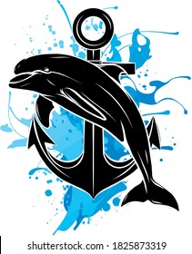 black silhouette Dolphin in water splash. Watercolor vector element.