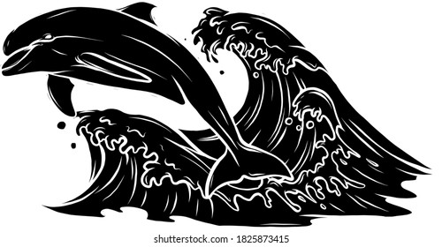 black silhouette Dolphins jumping in sea waves vector illustration
