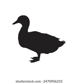 A black silhouette of a domestic or wild duck, isolated on a white background.