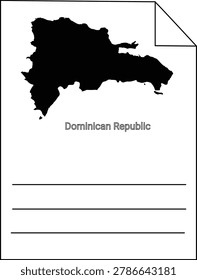 A black silhouette of the Dominican Republic map on a white background with lines for text.