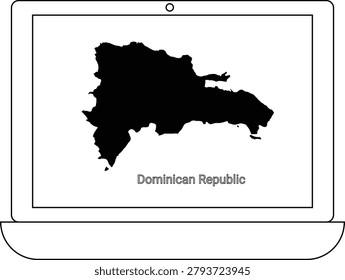 A black silhouette of the Dominican Republic map is shown on a laptop screen, with the country name below.