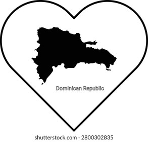 A black silhouette of the Dominican Republic map is centrally placed within a white heart outline, symbolizing love for the country.