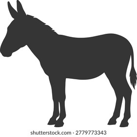 A black silhouette of a donkey facing left, with its ears pointed upwards and tail hanging down.