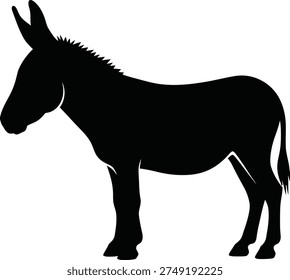 A black silhouette of a donkey standing on a white background, facing left
