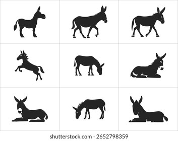 Silhueta preta de burros mostrando várias poses. Posturas de pé, pastagem, criação e repouso, evocando uma cena rural. Design minimalista limpo.