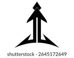 A black silhouette of a double arrow pointing upwards against a white background The arrow has a sharp geometric design with a minimalist style