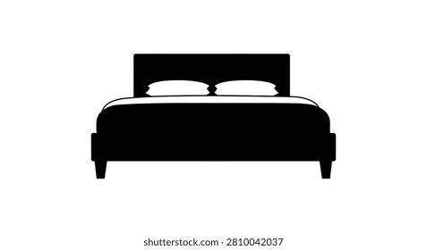 Black Silhouette Of A Double Bed With Pillows And Bedspread White Background Silhouette