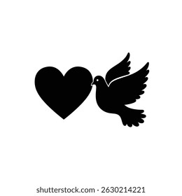 Black silhouette of a dove carrying a heart symbol on a white background