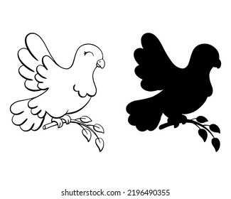 Black silhouette dove. Design element. Vector illustration isolated on white background. Template for books, stickers, posters, cards, clothes.