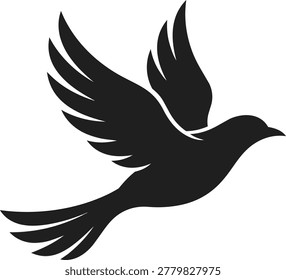 A black silhouette of a dove with wings spread wide, captured in mid-flight against a white background.