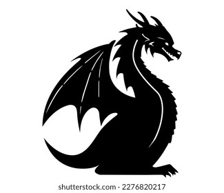 black silhouette of a dragon on a white background. fire-breathing snake. flat vector illustration.