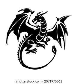 Black silhouette, dragon tattoo. The dragon turned its head to its back, opened its mouth and spread its wings, the tail is visible. The background is white. The drawing is flat.